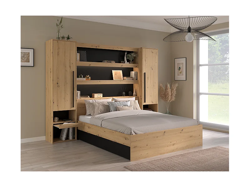 Bett mit Stauraum & LEDs - 160 x 200 cm - Holzfarben & Schwarz - VARLY