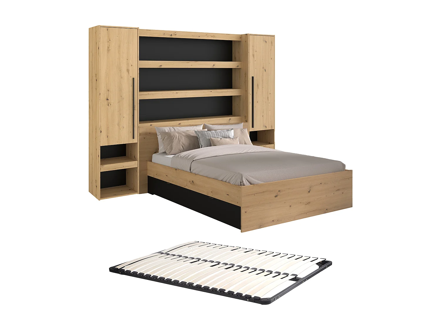 Bett mit Stauraum & LEDs - 160 x 200 cm - Holzfarben & Schwarz - VARLY