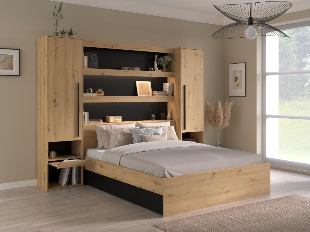 Letto a ponte 160 x 200 cm Con vani portaoggetti Con LED Naturale e Nero + Rete - VARLY