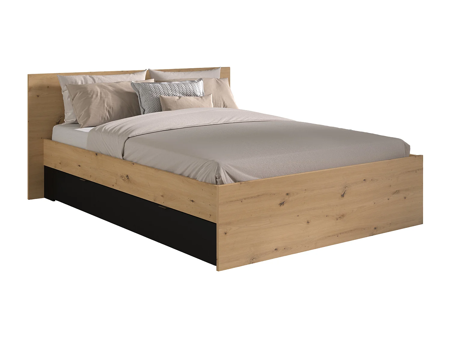Lit pont 160 x 200 cm avec rangements - Avec LEDs - Coloris : Naturel et noir + Sommier + Matelas - VARLY