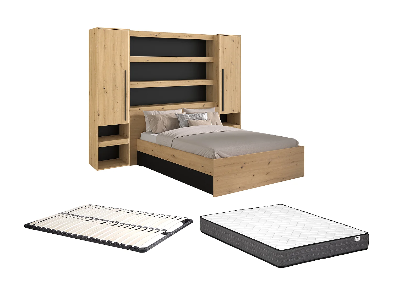 Lit pont 160 x 200 cm avec rangements - Avec LEDs - Coloris : Naturel et noir + Sommier + Matelas - VARLY