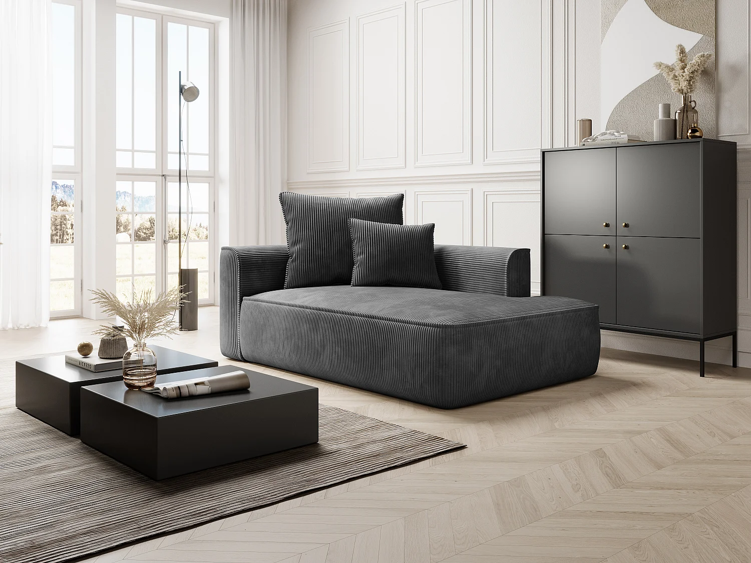 Chaise longue met hoek rechts van antraciet ribfluweel PINETA