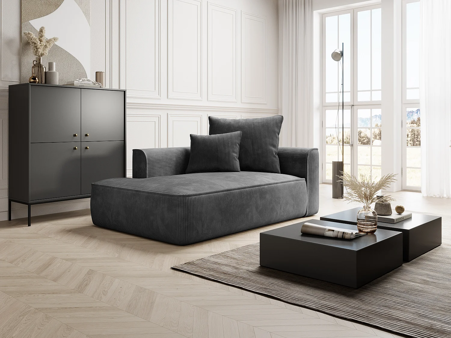 Méridienne gauche en velours côtelé gris anthracite PINETA