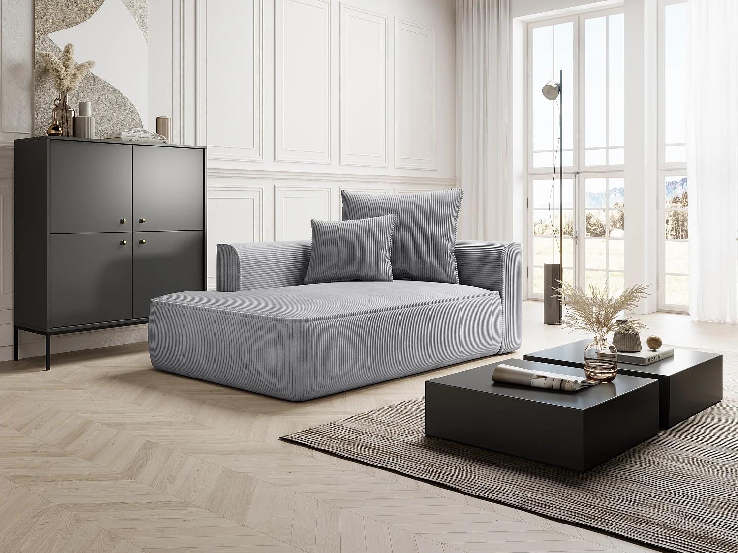 Chaise longue izquierdo de terciopelo gris claro PINETA