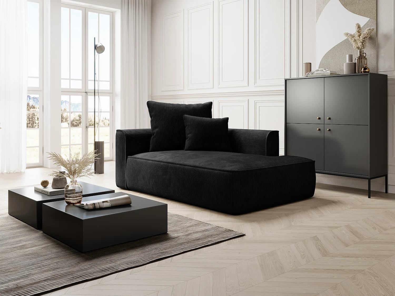 Szezlong prawostronny z czarnego sztruksu - PINETA