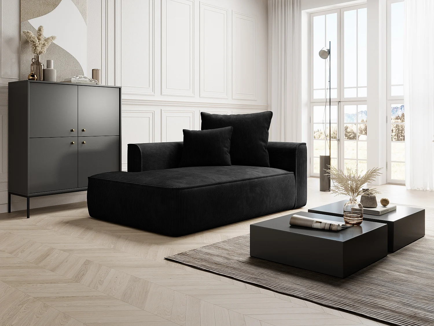 Chaise longue izquierda de terciopelo negro acanalado PINETA