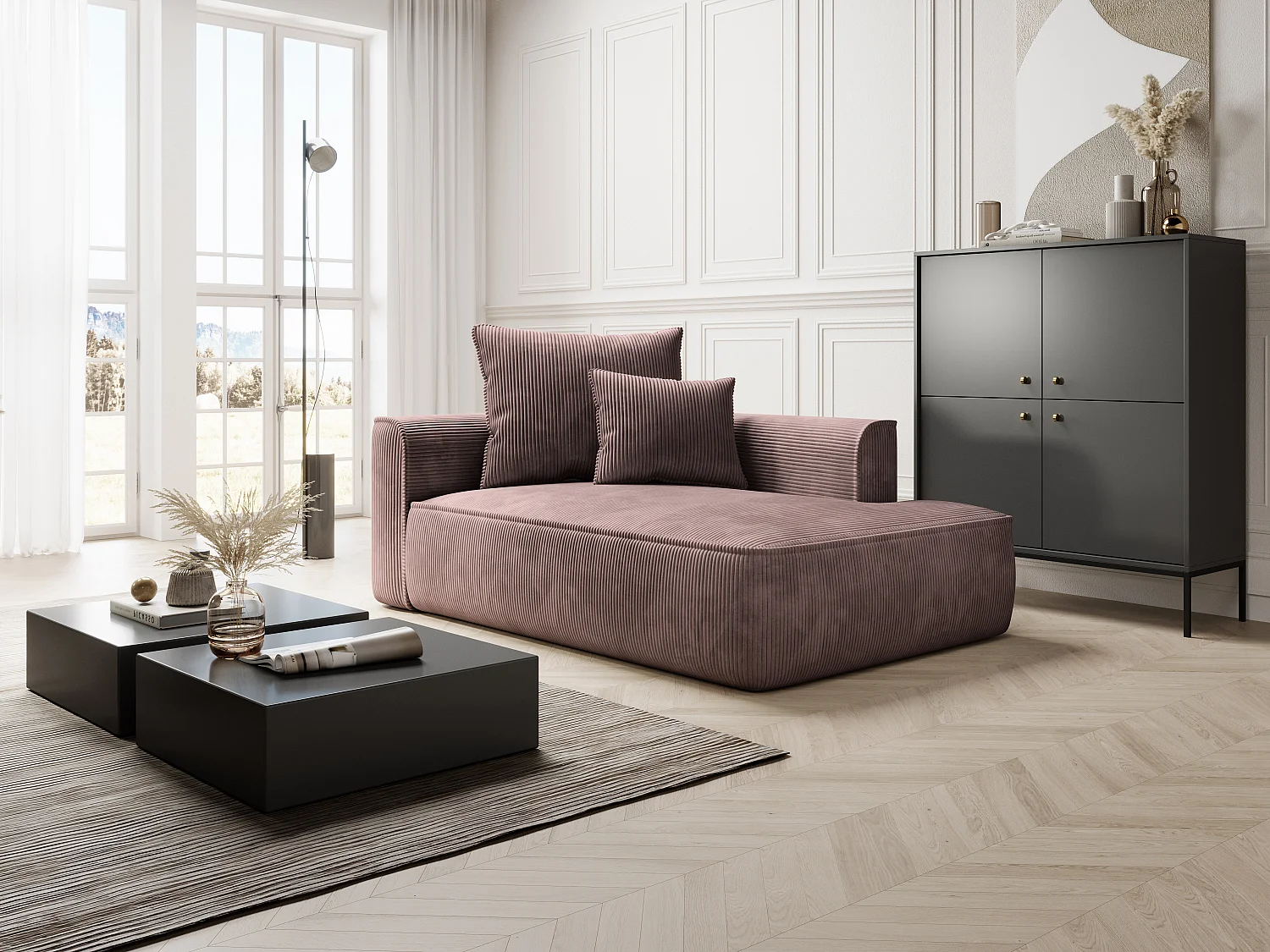 Højrearmet chaiselong i rosa fløjl PINETA