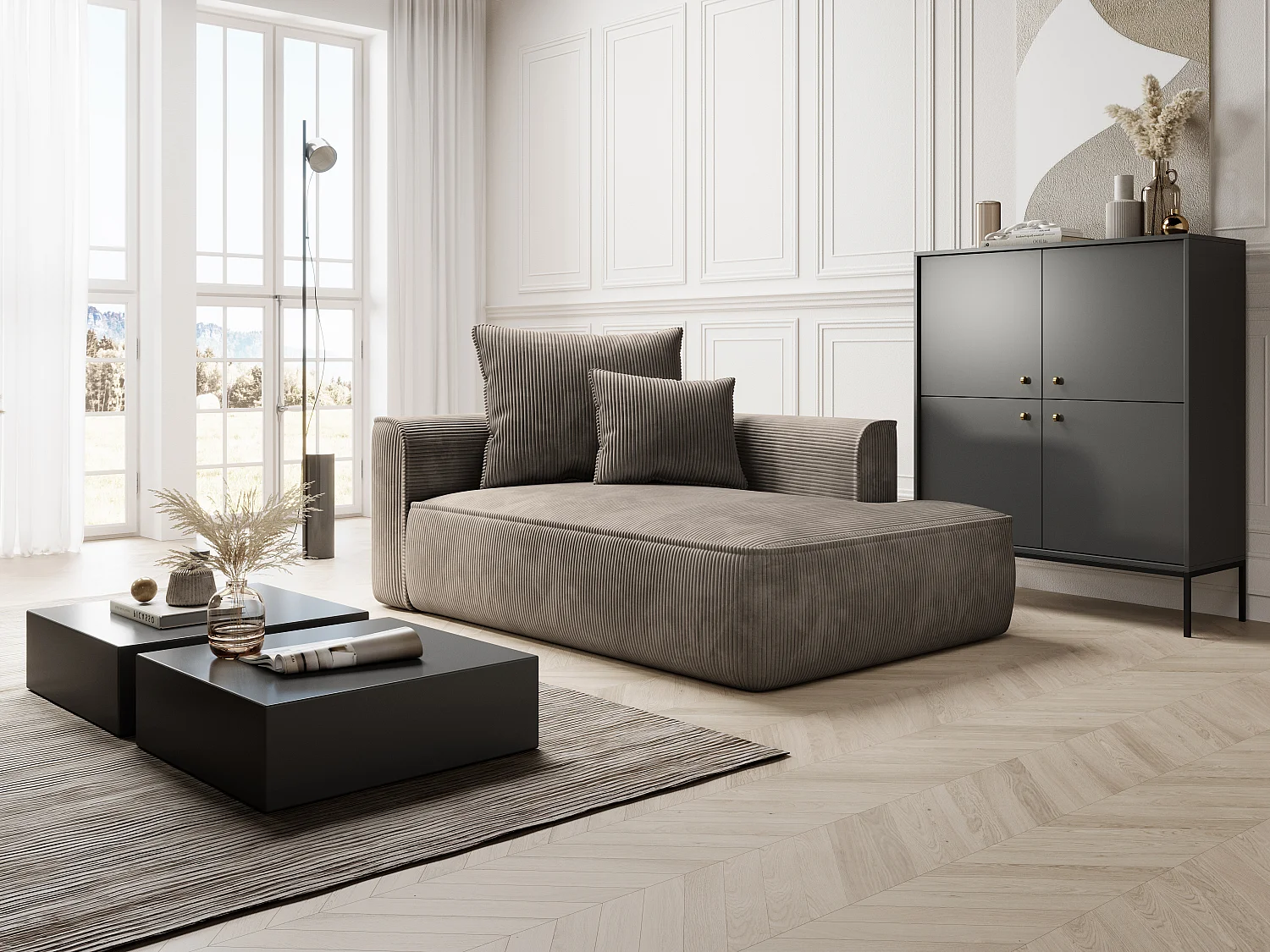 Chaise longue met hoek rechts van taupegrijs ribfluweel PINETA