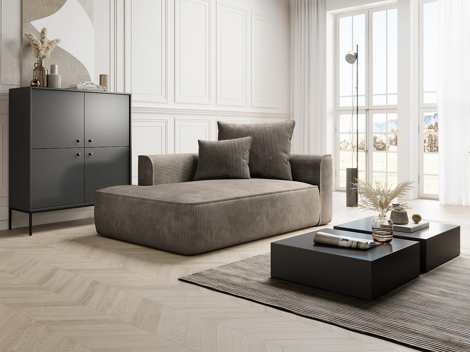 Méridienne gauche en velours côtelé taupe PINETA