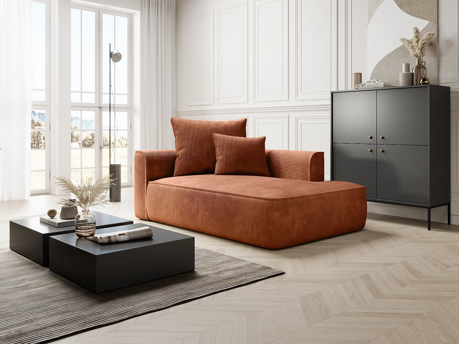 Méridienne droite en velours côtelé terracotta PINETA