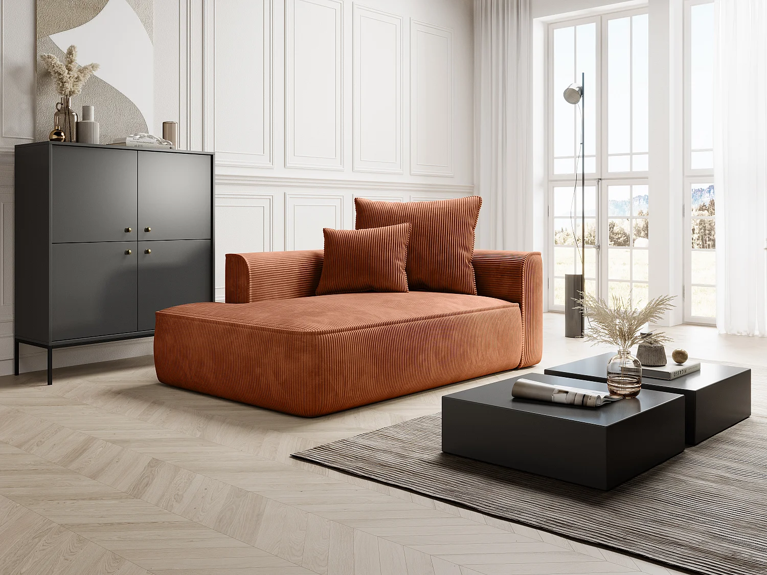 Szezlong lewostronny z terakotowego sztruksu - PINETA