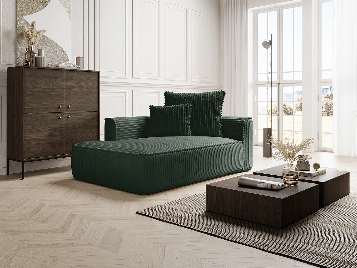 Venstre sovesofa i grøn, overskåret, fløjlsfløjl PINETA