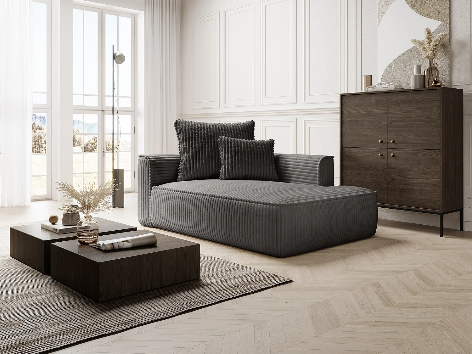 Méridienne droite en velours côtelé grosses côtes gris anthracite PINETA