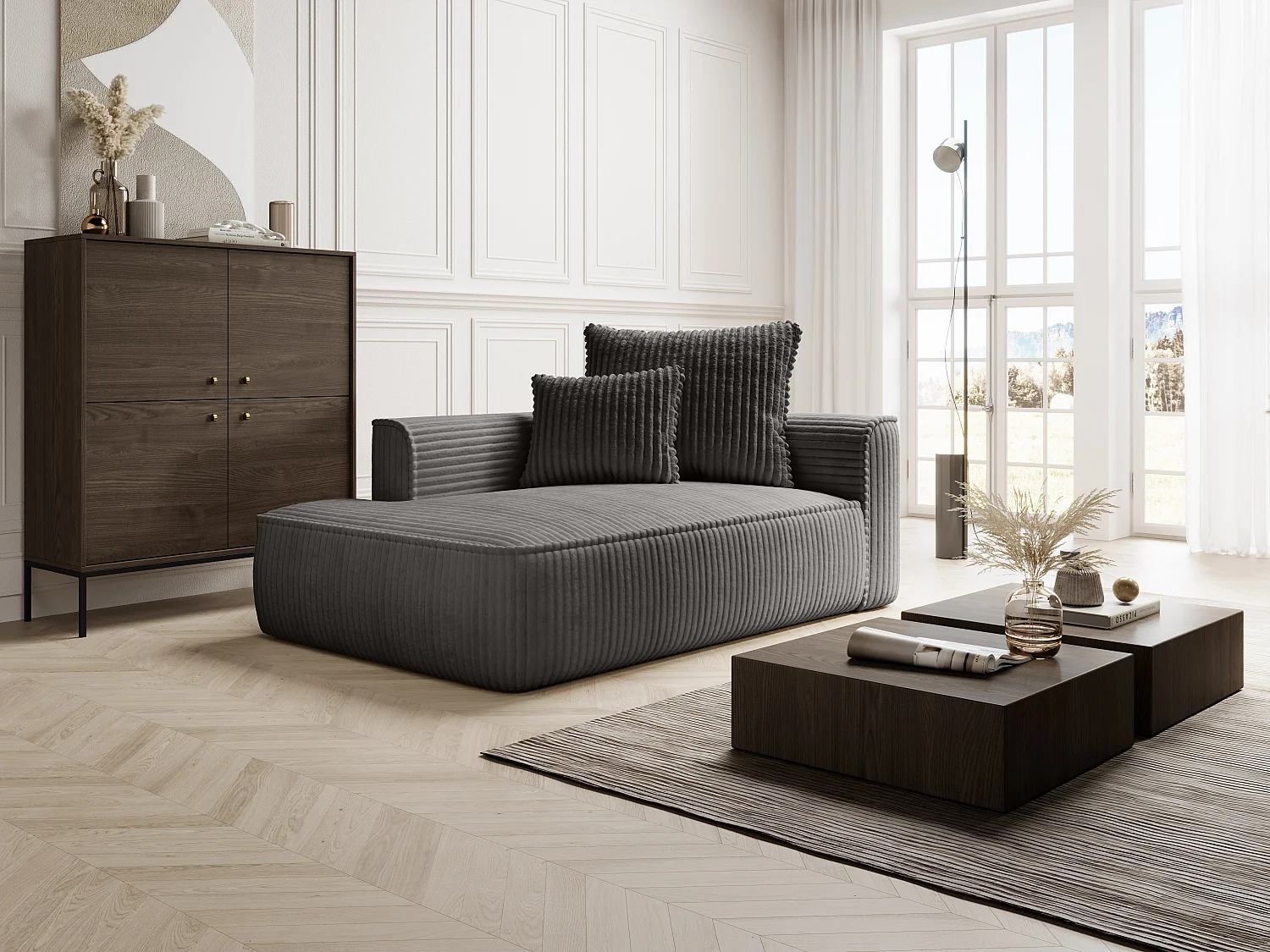 Méridienne gauche en velours côtelé grosses côtes gris anthracite PINETA