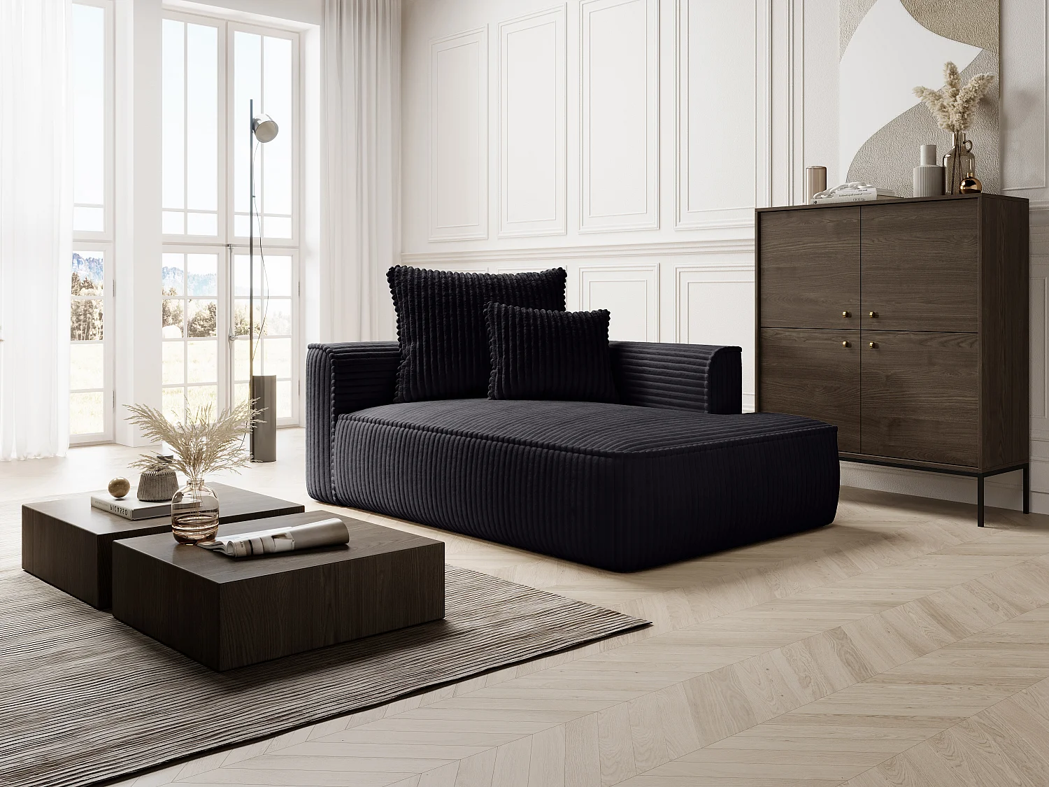 Chaise longue met hoek rechts van zwart ribfluweel met brede ribbels PINETA