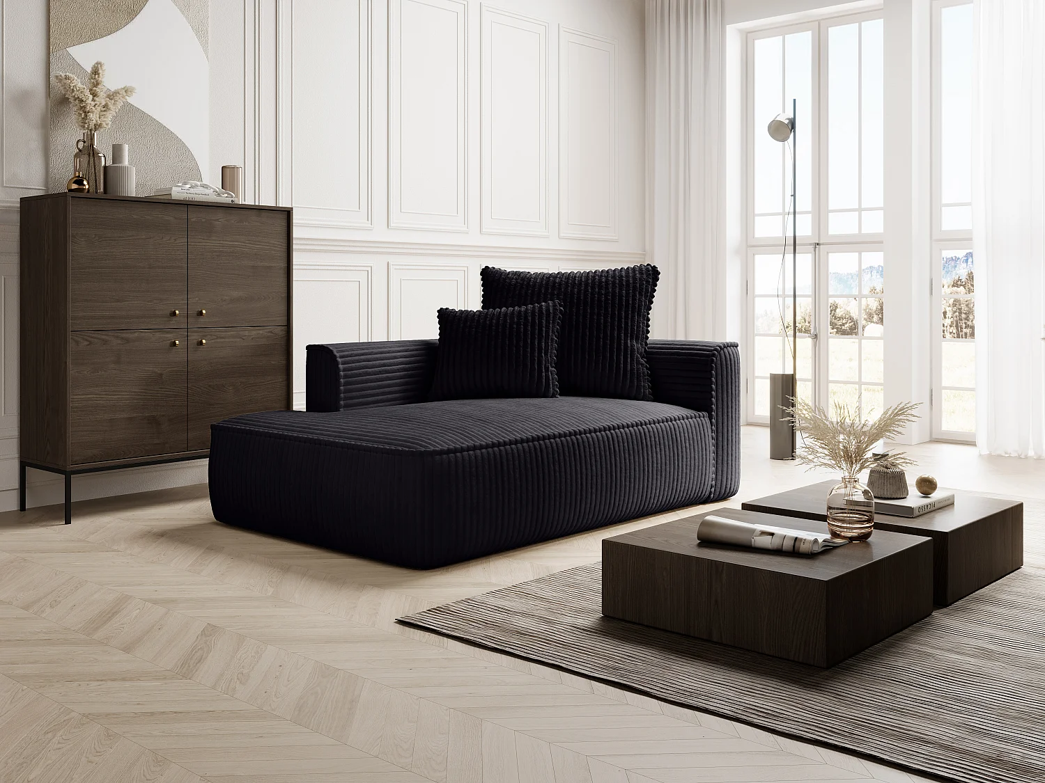 Chaise longue met hoek links van zwart ribfluweel met brede ribbels PINETA