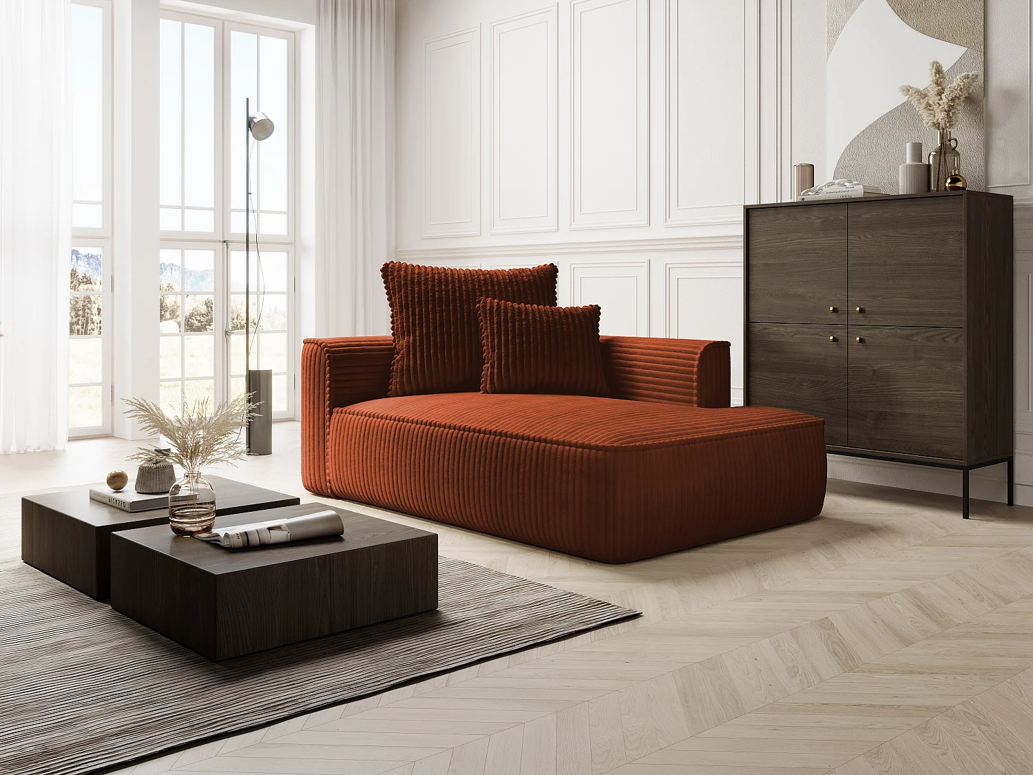 Méridienne droite en velours côtelé grosses côtes terracotta PINETA