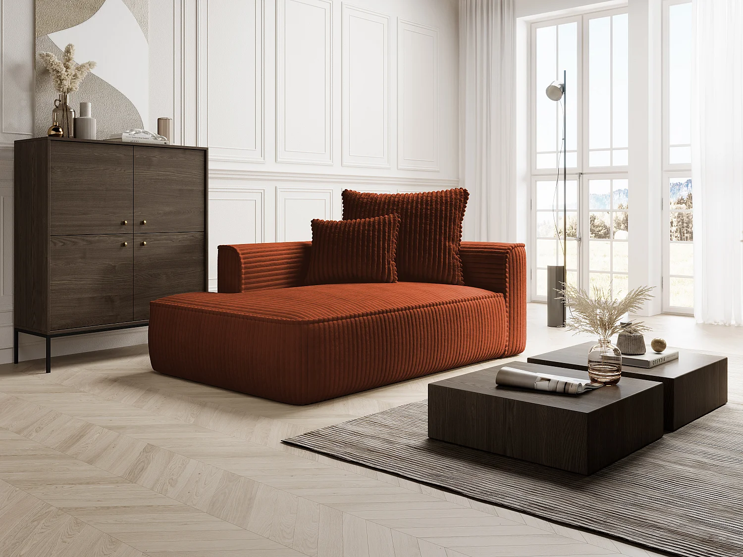 Recamiere - linksseitig - grob gerippter Cord - Terracotta - PINETA