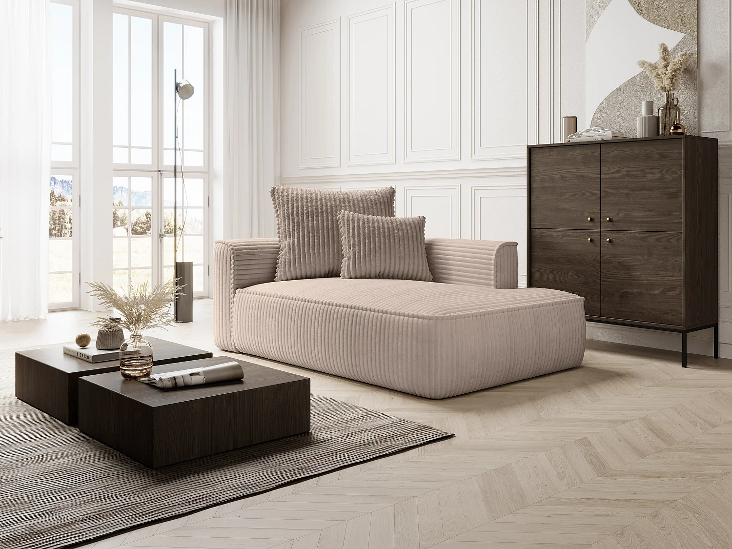 Méridienne droite en velours côtelé grosses côtes taupe PINETA