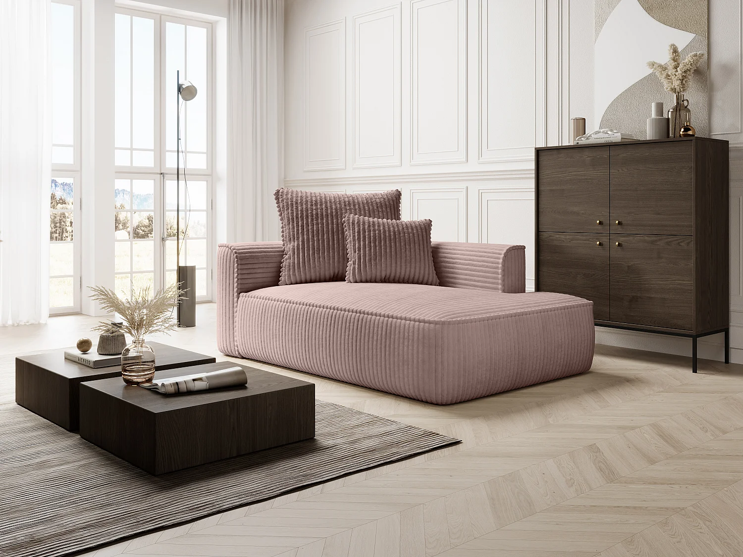 Méridienne droite en velours côtelé grosses côtes rose poudré PINETA