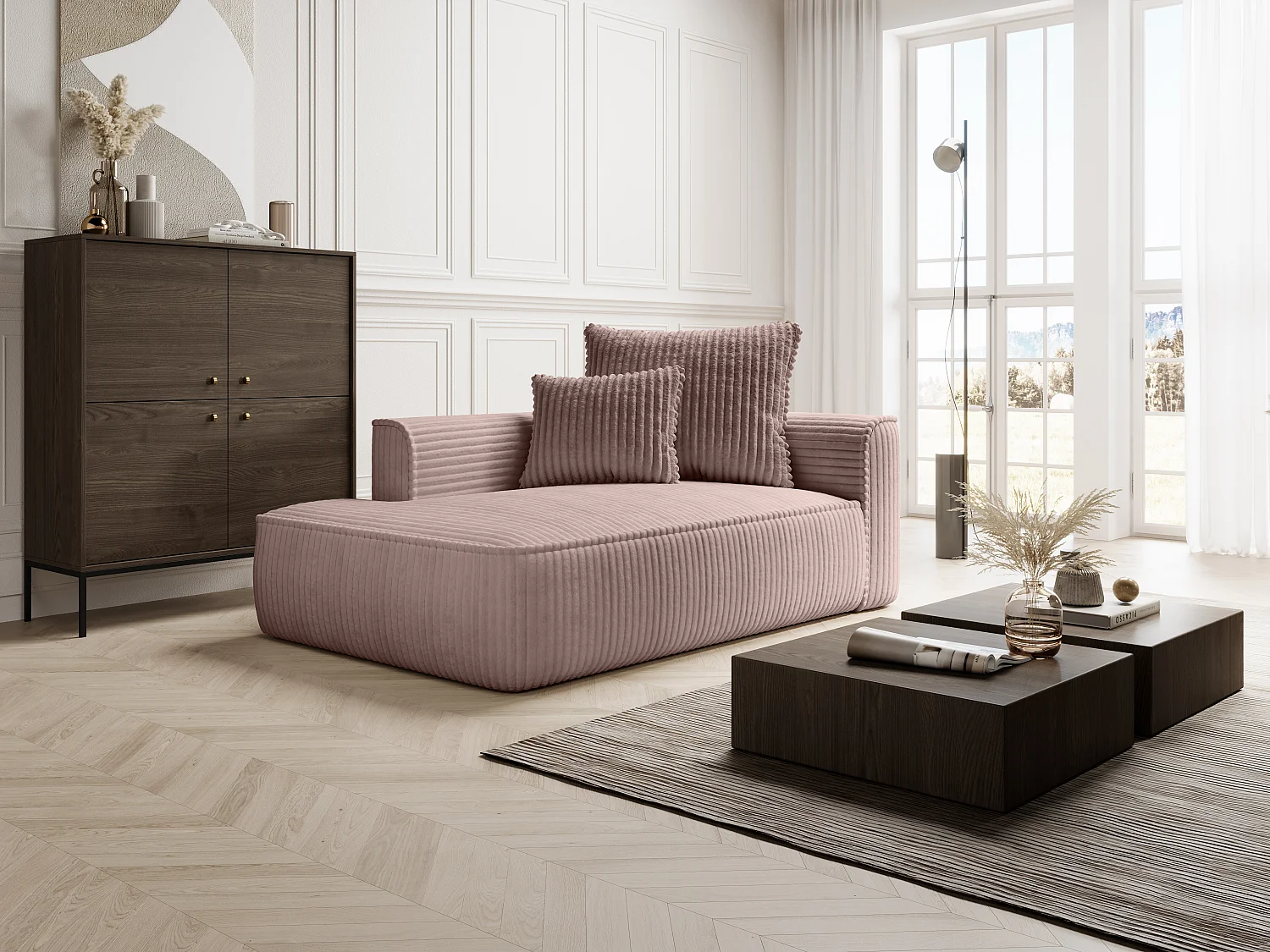 Méridienne gauche en velours côtelé grosses côtes rose poudré PINETA
