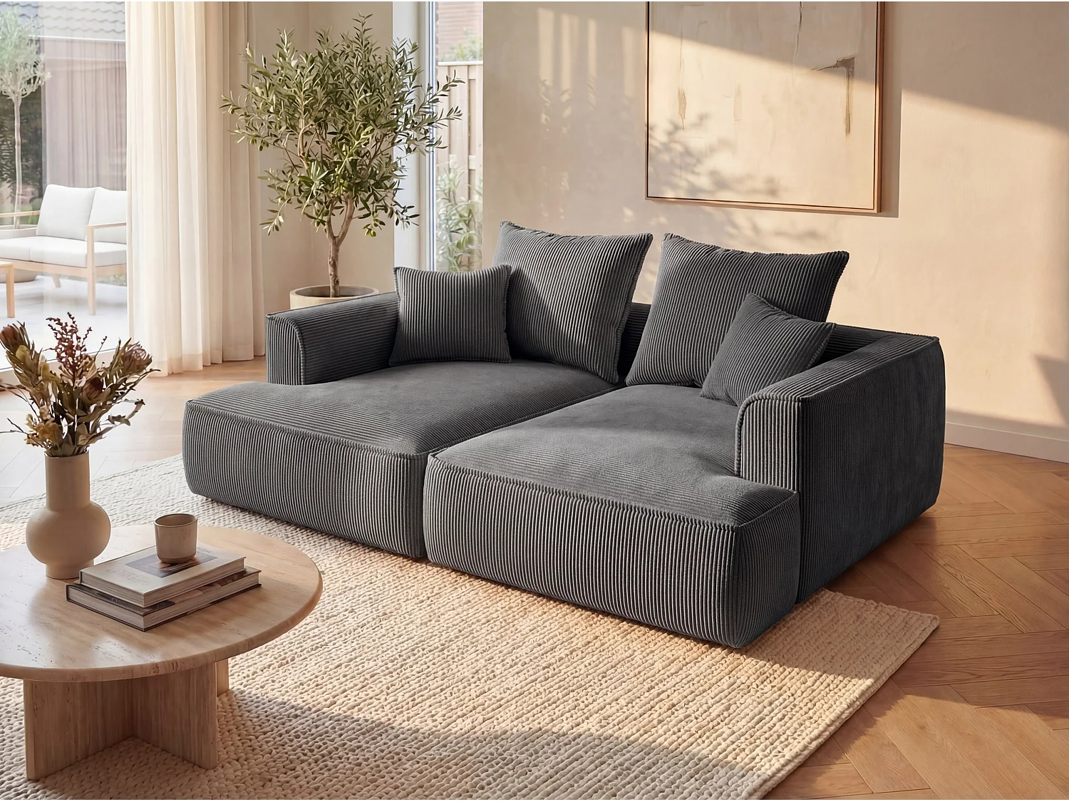 Canapé 3 places confort assise profonde en velours côtelé gris anthracite PINETA