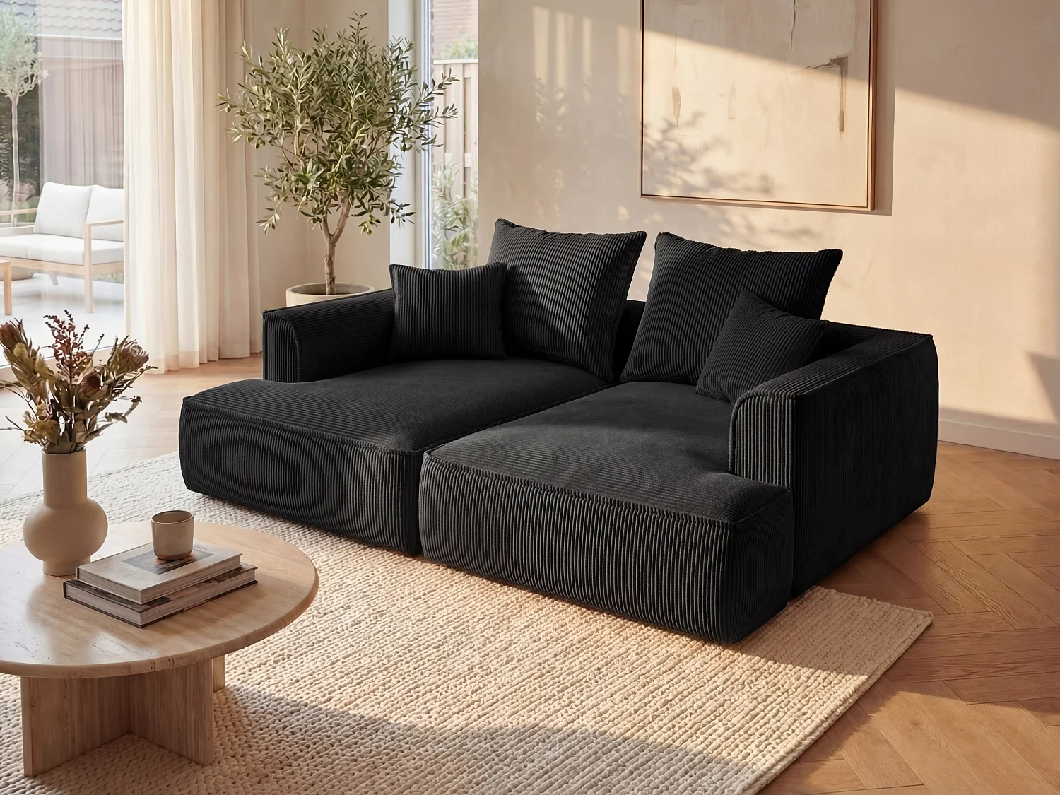 Sofa 3-Sitzer - tiefe Komfortsitzfläche - Cord - Schwarz - PINETA