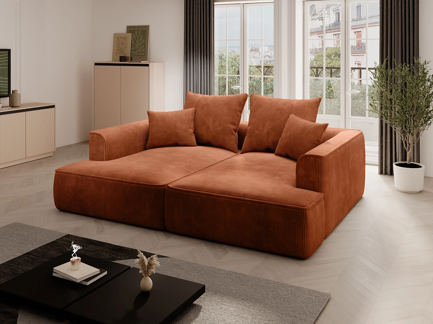 Comfortabele driezitsbank met diepe zitting van terracottakleurig ribfluweel PINETA