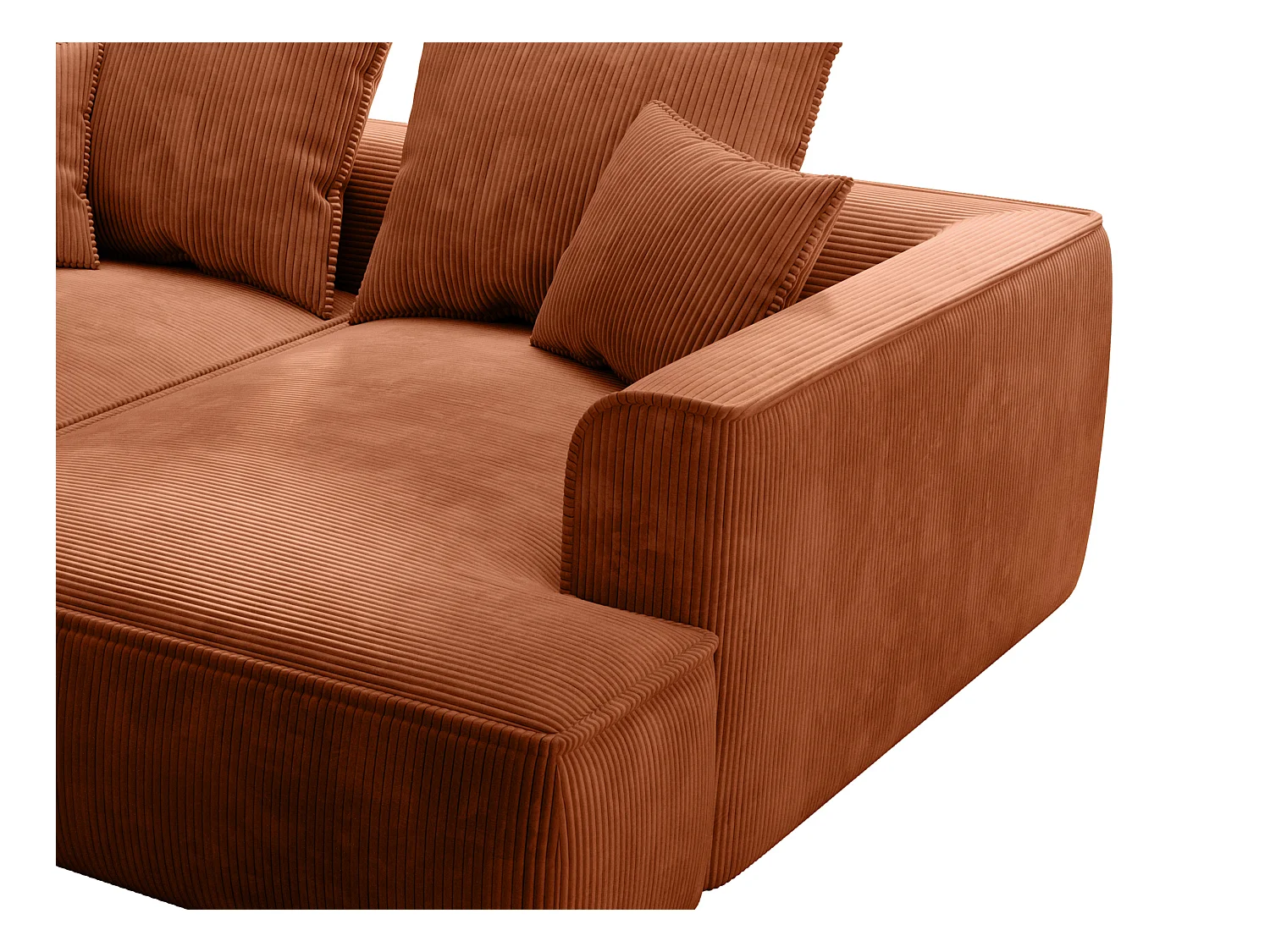 Comfortabele driezitsbank met diepe zitting van terracottakleurig ribfluweel PINETA