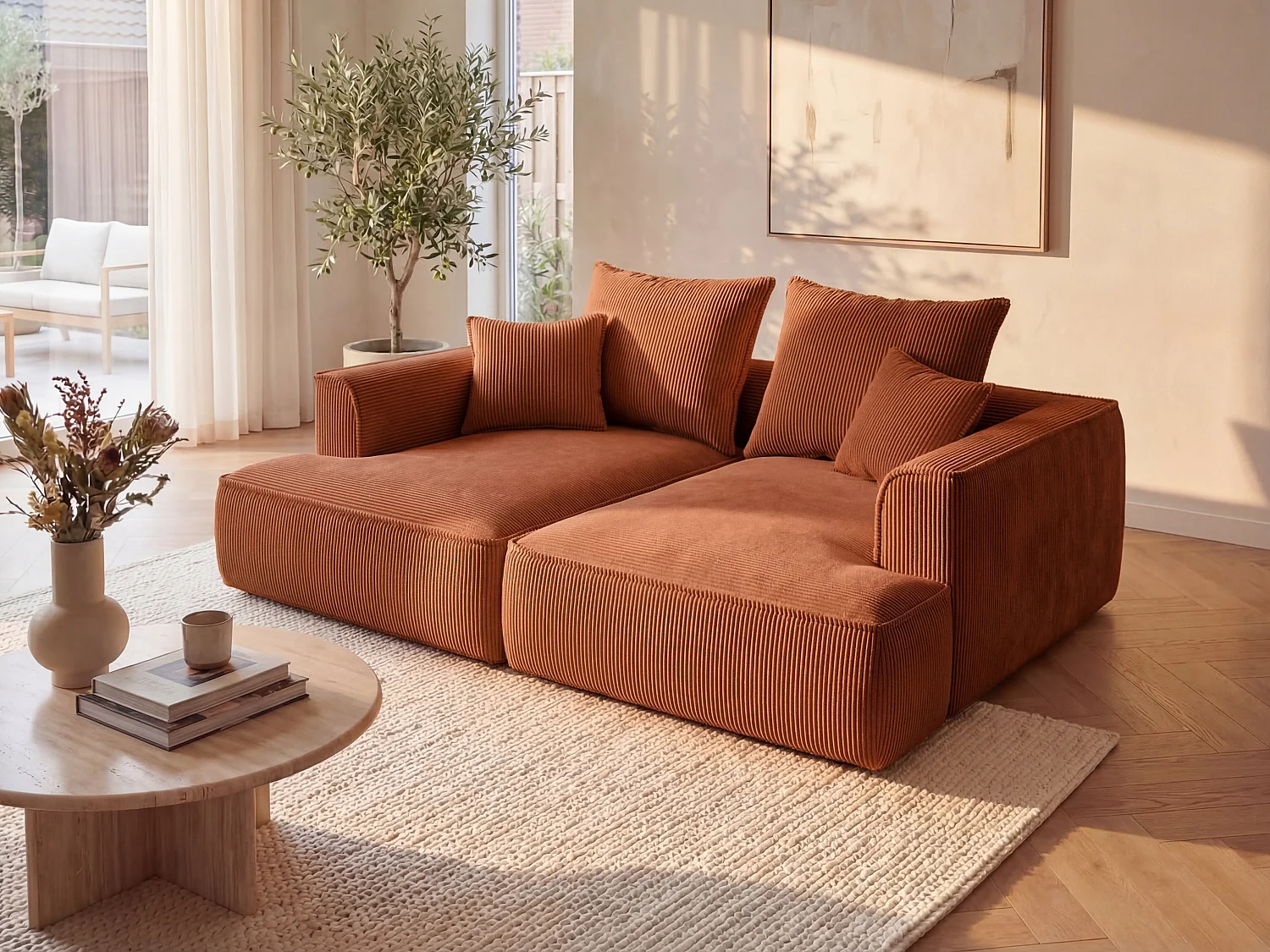 Comfortabele driezitsbank met diepe zitting van terracottakleurig ribfluweel PINETA