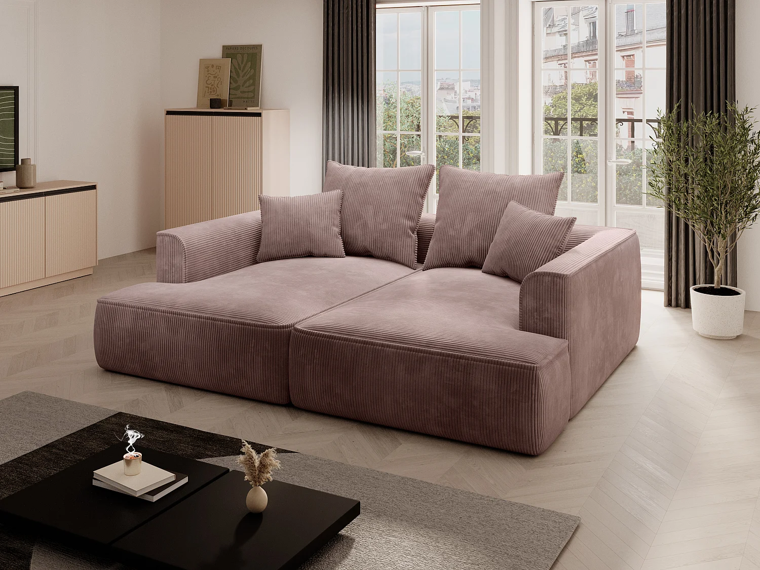 Sofa 3-Sitzer - tiefe Komfortsitzfläche - Cord - Rosa - PINETA