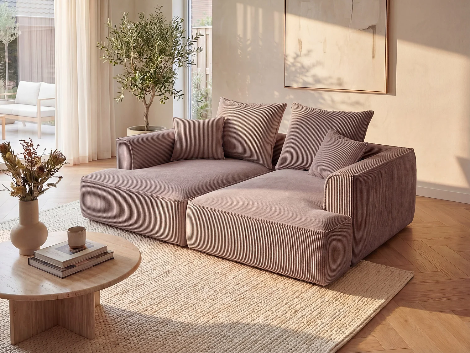 Divano 3 posti seduta comoda e profonda in velluto a coste rosa - PINETA