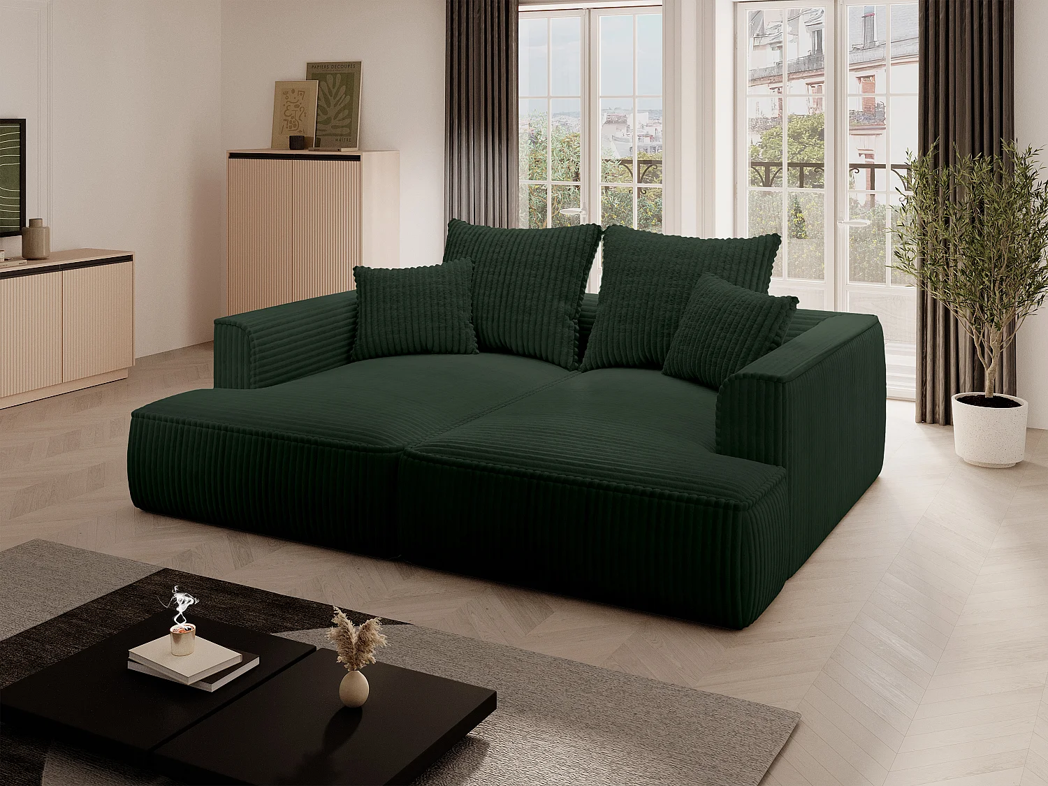 Sofa 3-Sitzer - tiefe Komfortsitzfläche - grob gerippter Cord - Grün - PINETA