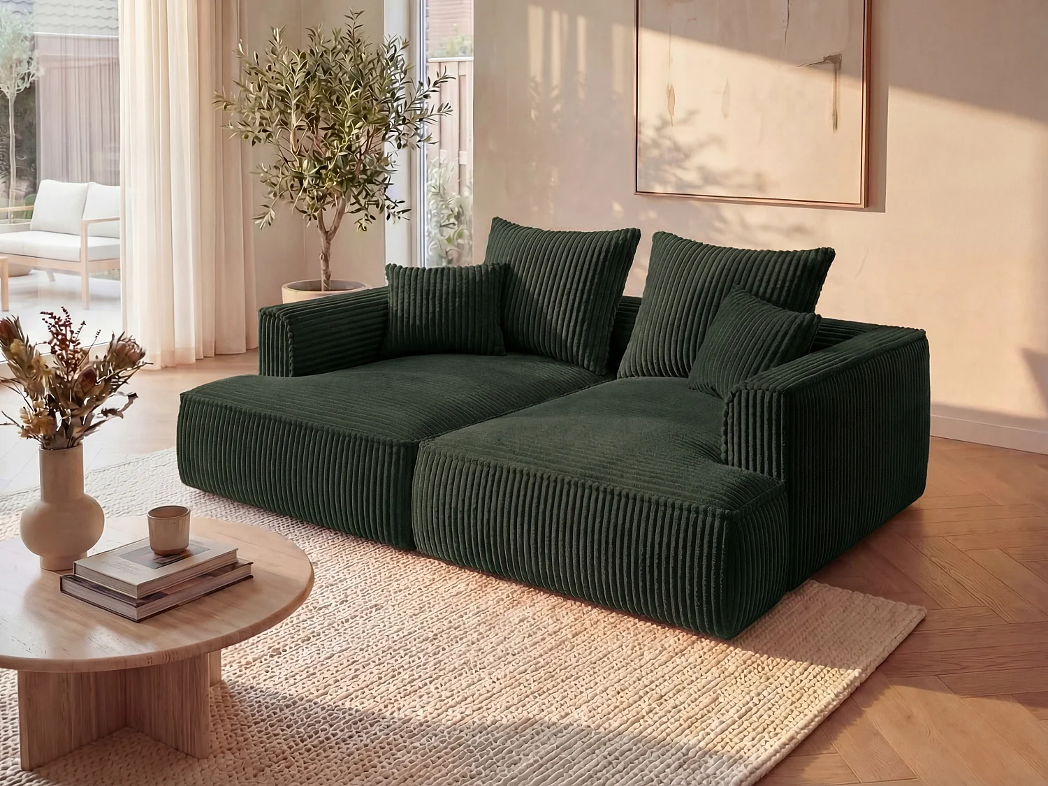 Canapé 3 places confort assise profonde en velours côtelé grosses côtes vert PINETA