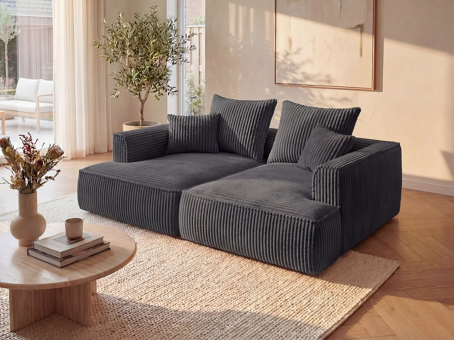 Canapé 3 places confort assise profonde en velours côtelé grosses côtes gris anthracite PINETA