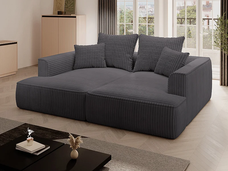 Comfortabele driezitsbank met diepe zitting van antracietgrijs ribfluweel met brede ribbels PINETA