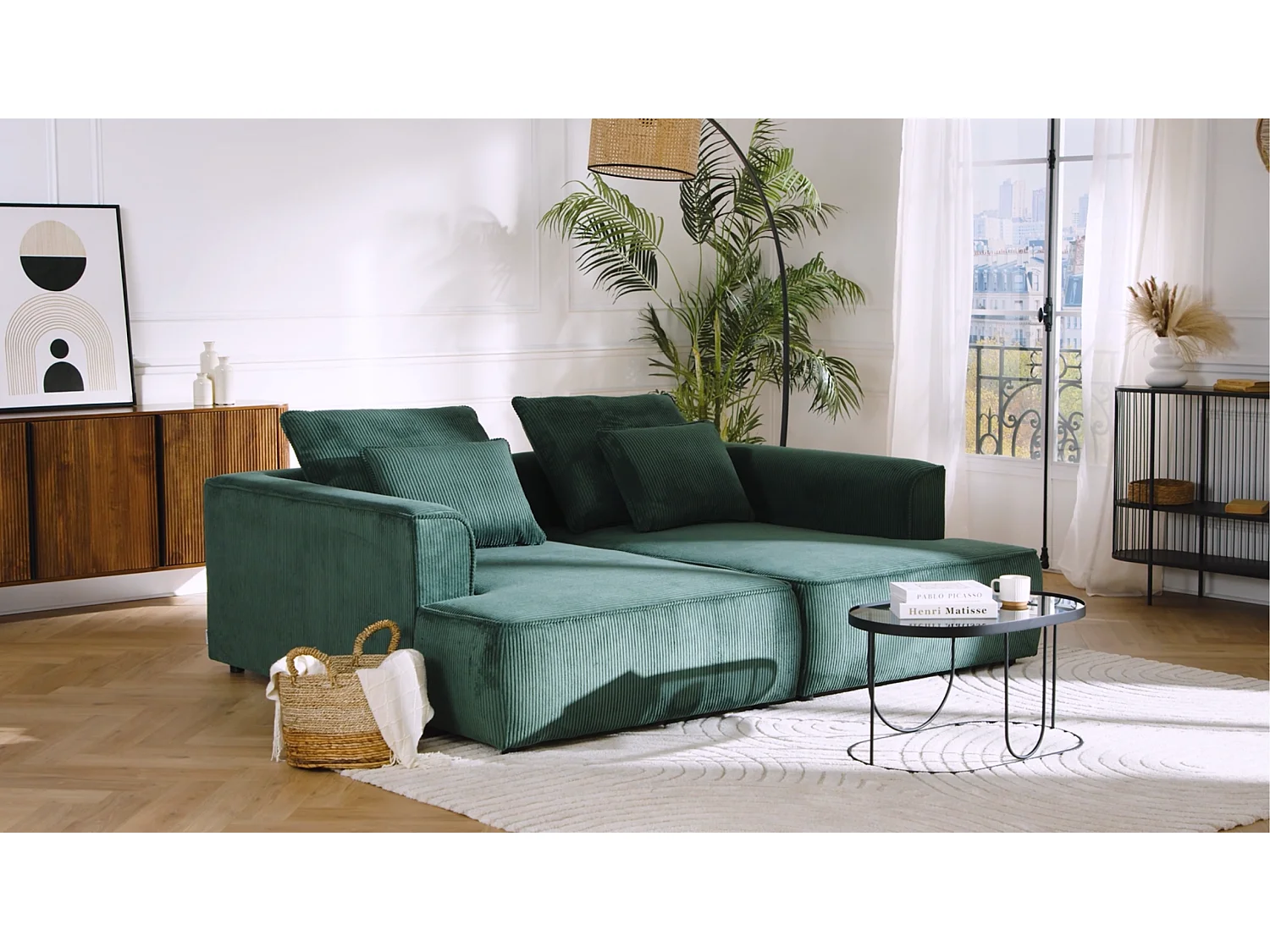 Comfortabele driezitsbank met diepe zitting van zwart ribfluweel met brede ribbels PINETA