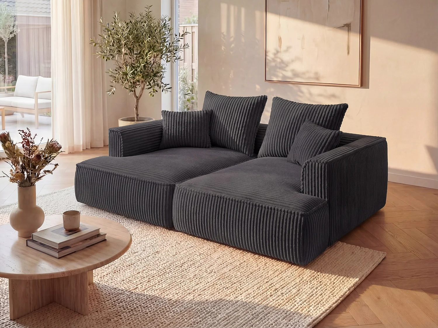 Comfortabele driezitsbank met diepe zitting van zwart ribfluweel met brede ribbels PINETA