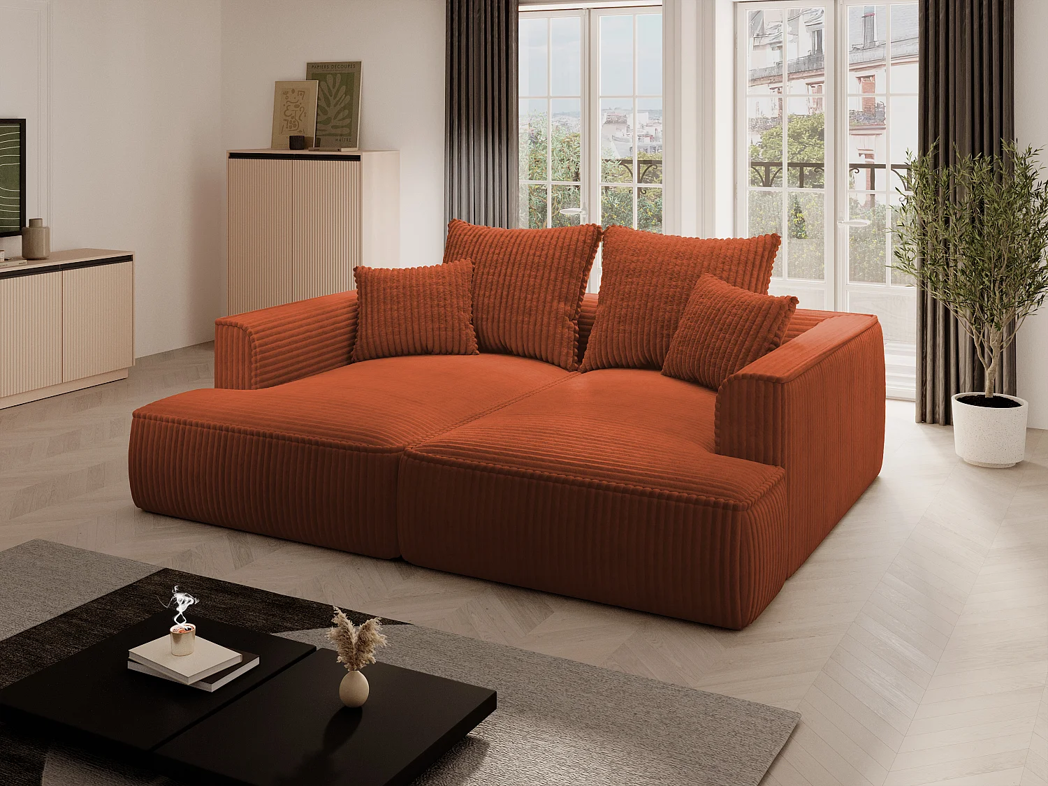 Sofa 3-Sitzer - tiefe Komfortsitzfläche - grob gerippter Cord - Terracotta - PINETA