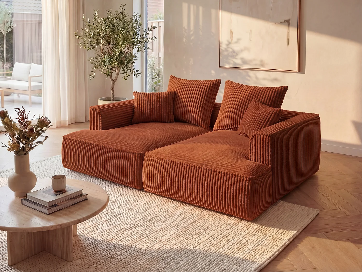 Canapé 3 places confort assise profonde en velours côtelé grosses côtes terracotta PINETA