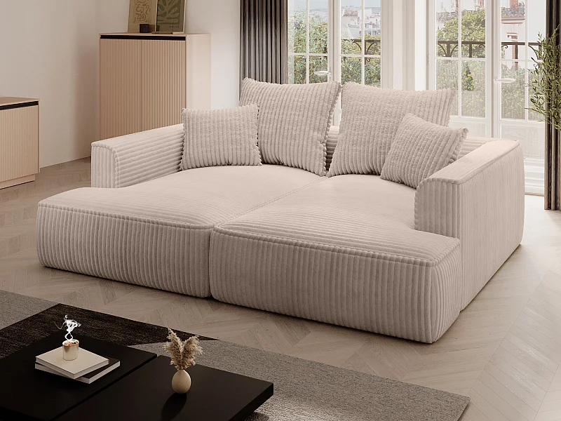 Comfortabele driezitsbank met diepe zitting van taupegrijs ribfluweel met brede ribbels PINETA