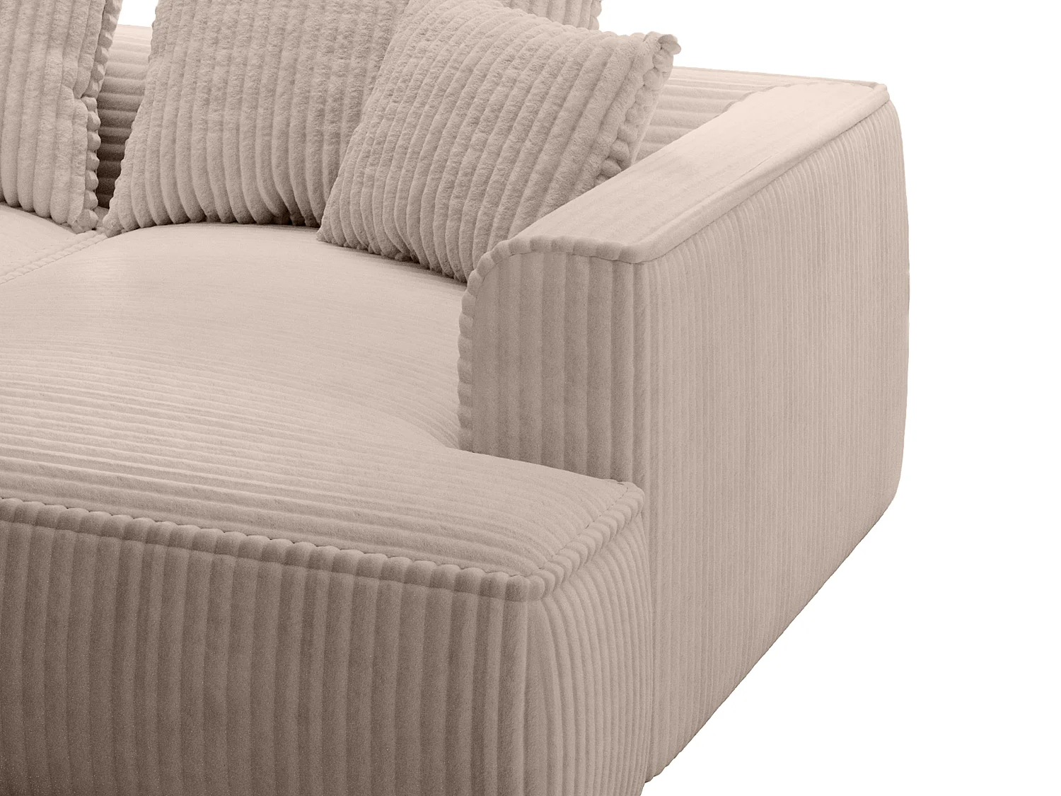 Comfortabele driezitsbank met diepe zitting van taupegrijs ribfluweel met brede ribbels PINETA