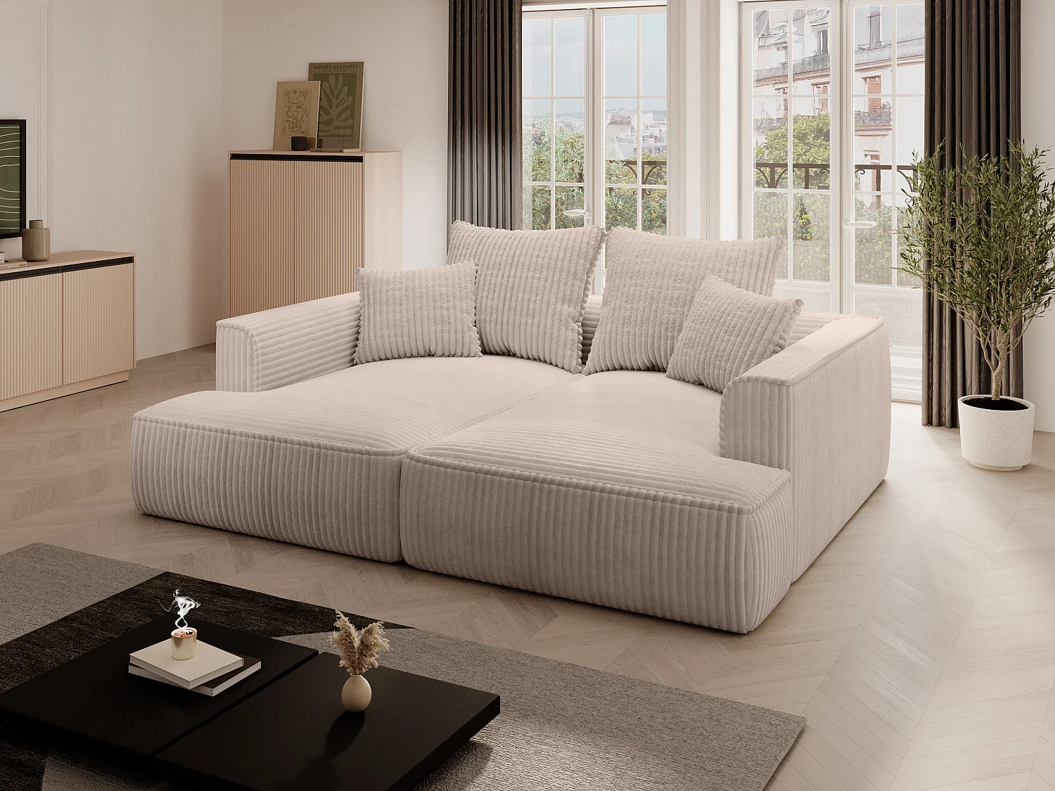 Comfortabele driezitsbank met diepe zitting van taupegrijs ribfluweel met brede ribbels PINETA