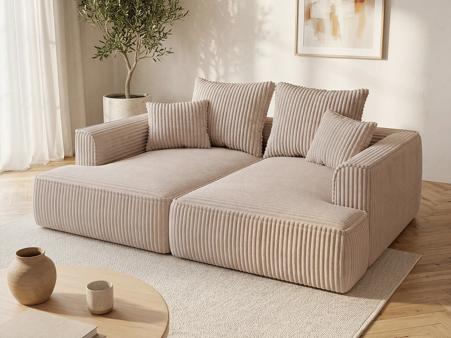 Comfortabele driezitsbank met diepe zitting van taupegrijs ribfluweel met brede ribbels PINETA