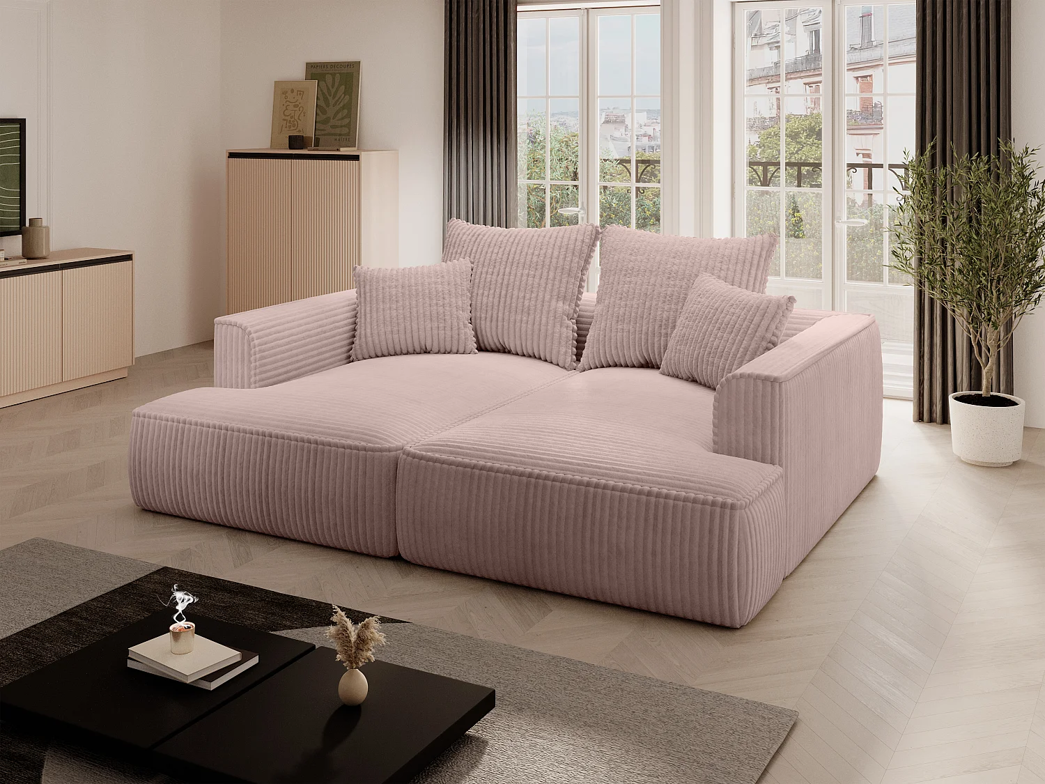 Comfortabele driezitsbank met diepe zitting van poederroze ribfluweel met brede ribbels PINETA