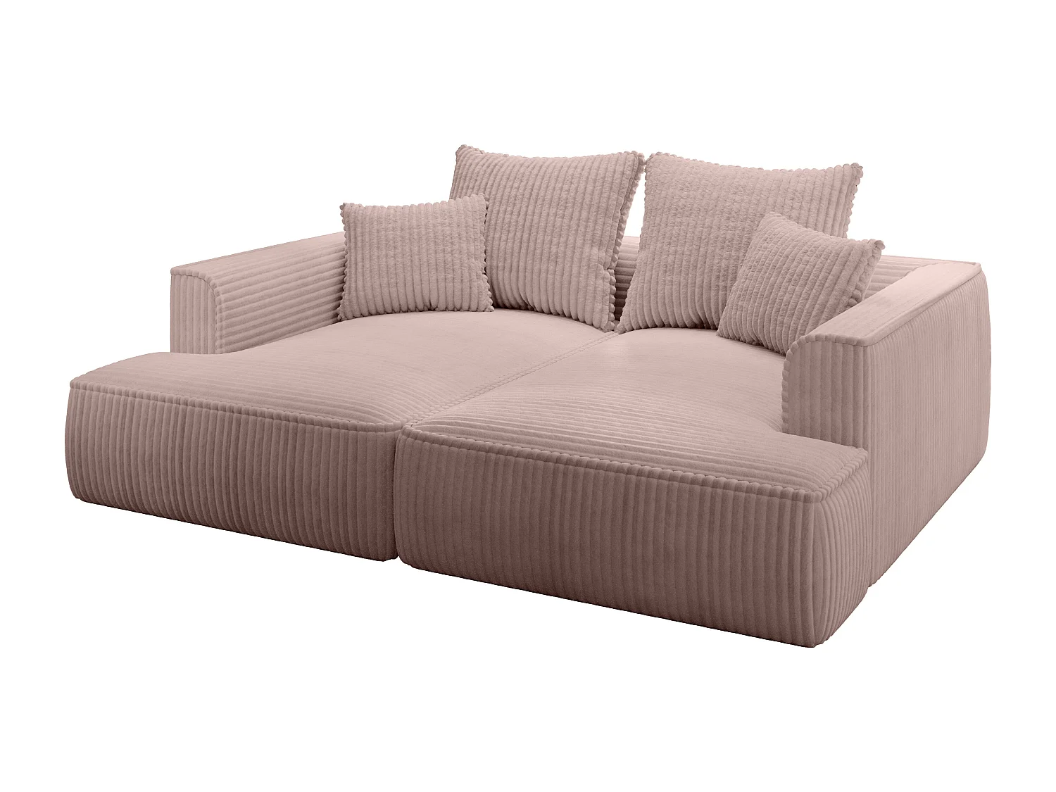 Comfortabele driezitsbank met diepe zitting van poederroze ribfluweel met brede ribbels PINETA