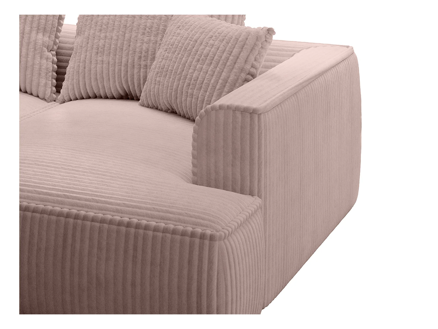 Comfortabele driezitsbank met diepe zitting van poederroze ribfluweel met brede ribbels PINETA