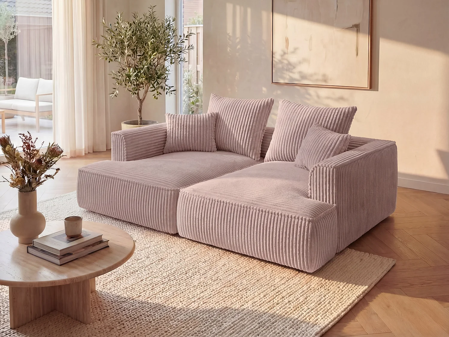 Comfortabele driezitsbank met diepe zitting van poederroze ribfluweel met brede ribbels PINETA