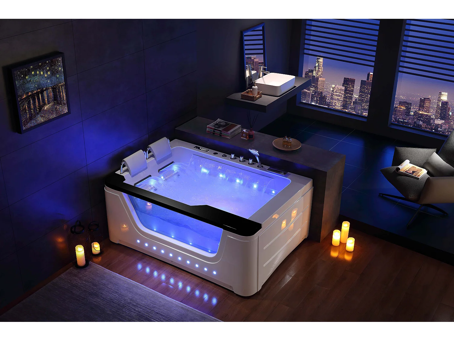 Ouest balnéo - Baignoire Punchy 67 Jets Balnéo Haut de Gamme 3 Chutes d'eau pour 2 personnes version droite avec barre noire