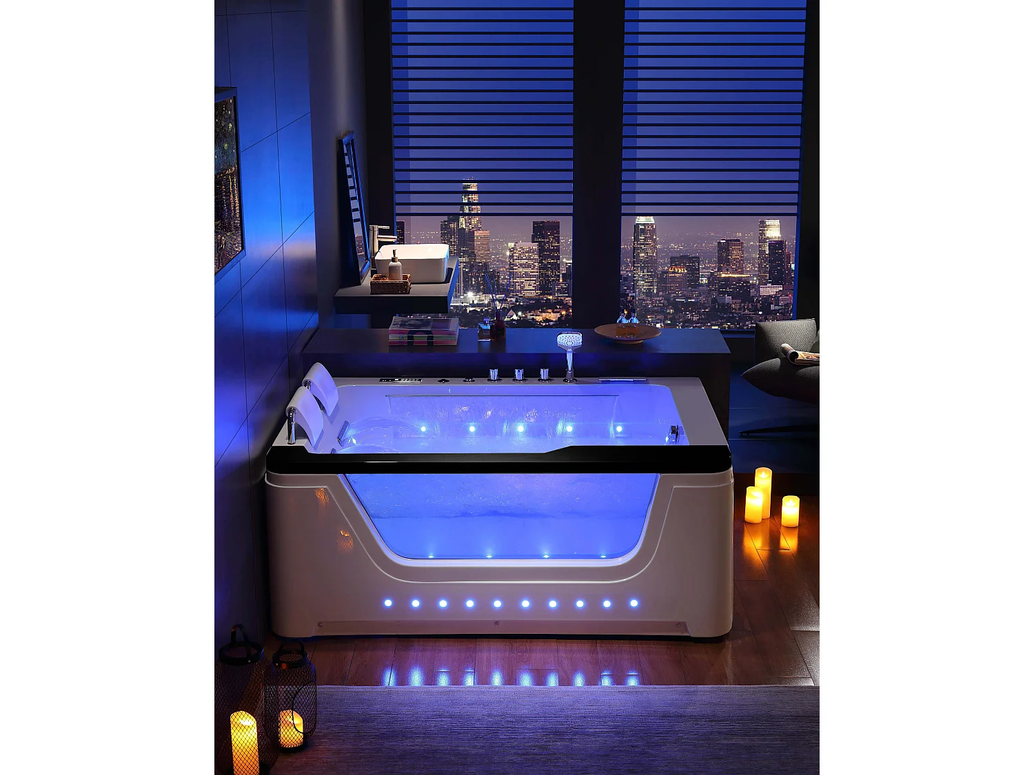 Ouest balnéo - Baignoire Punchy 67 Jets Balnéo Haut de Gamme 3 Chutes d'eau pour 2 personnes version droite avec barre noire